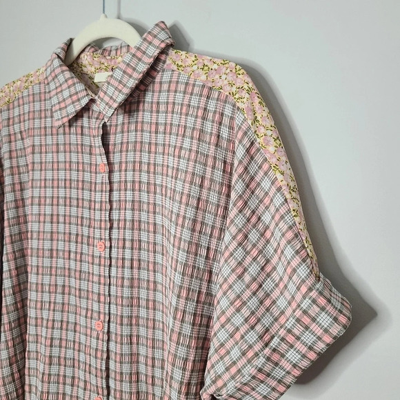 New! Easel Button Front Collared Plaid Floral Short Sleeve Blouse S - Picture 2 of 4